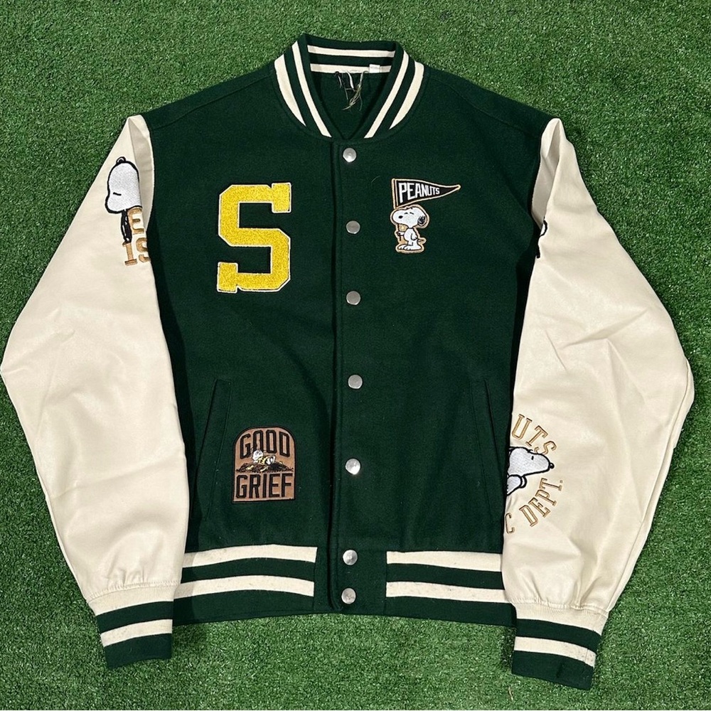 Green and Cream Peanuts Varsity Jacket
